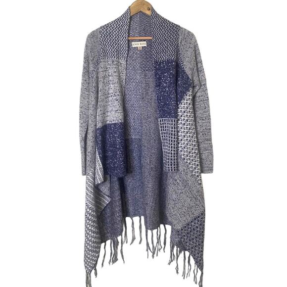 Knox Rose Blue Patchwork Boho Fringe Shawl Collar Sweater - Picture 1 of 9